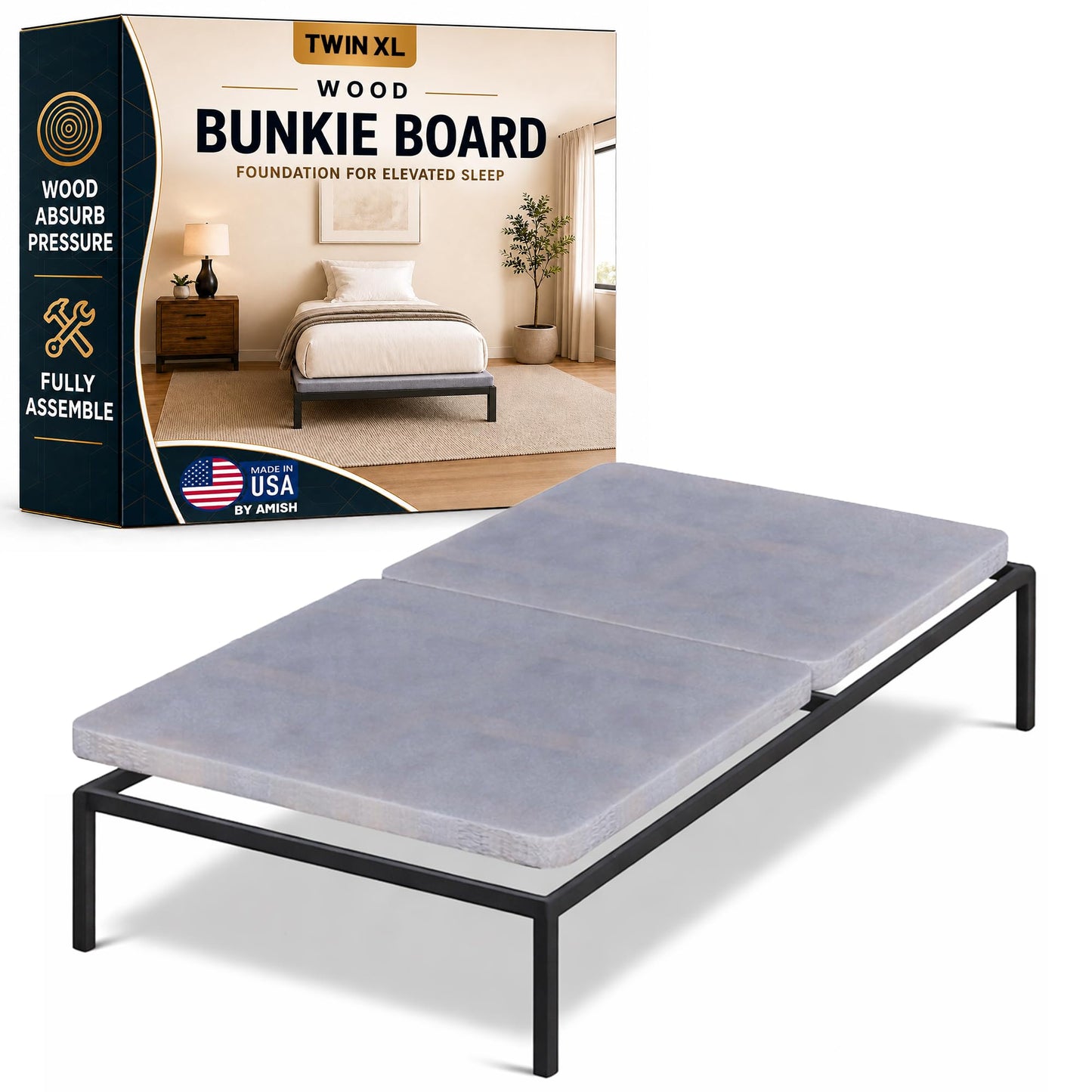 Treaton, Premium 38mm Split Wood Bunkie Board Twin XL Size Bed - 2-Piece Under Mattress Support Board, Fully Assembled, Fabric Ventilation Cover - Replaces Wooden Slats or Box Spring for Bed Frames