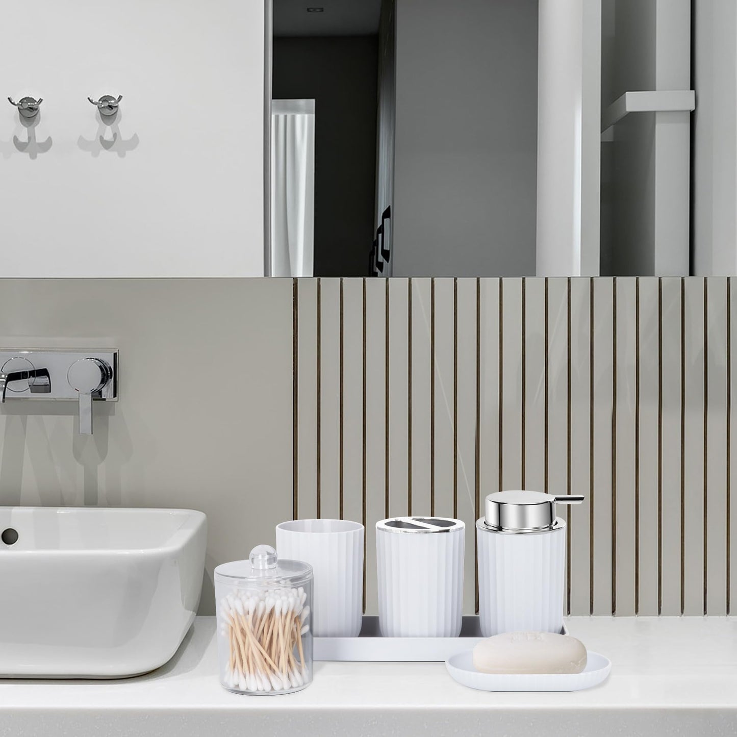 FEILANDUO Bathroom Accessories Sets Complete, 8 Pcs Bathroom Accessory Set with Trash Can, Soap Dispenser, Soap Dish, Toothbrush Holder,Toothbrush Cup,Toilet Brush and Qtip Holders,Vanity Tray (White)