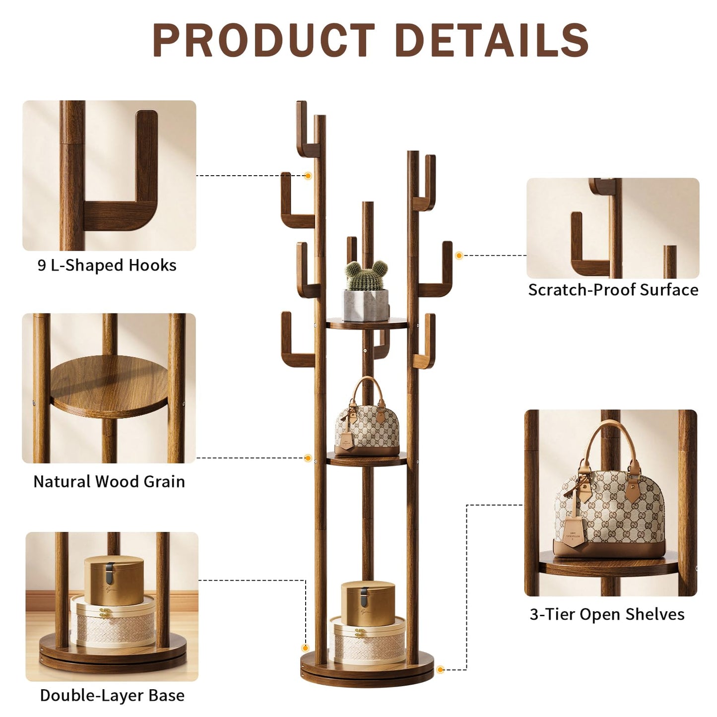 Yoobure Rotary Coat Rack Freestanding - Solid Wood Coat Tree with 9 hooks & 3 Storage Shelves for Purse, Bag, Jacket, Hat, Corner Hanger Stand Racks for Hall, Entryway, Office, Modern Clothes Holder