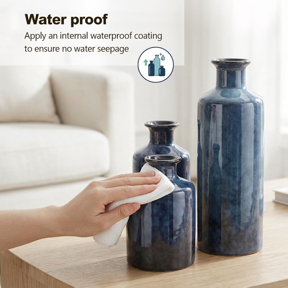 Blue Ceramic Vase Set - 3 Blue Small Vases