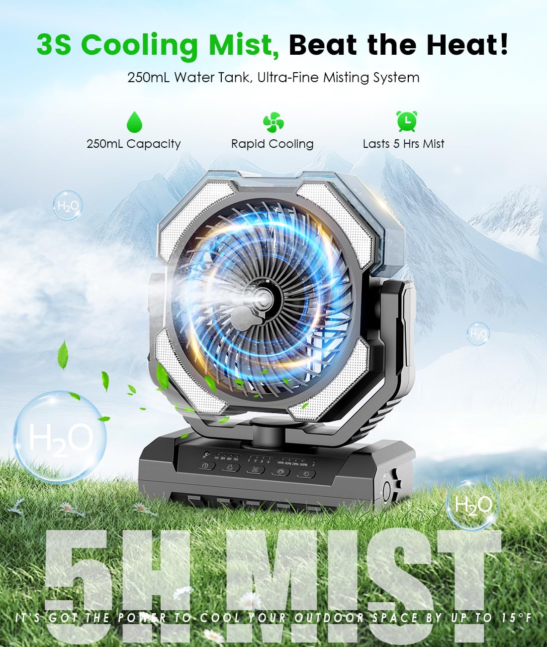 Aopircs Camping Misting Fan - 24000mAh Portable Battery Powered Fans with 9oz Water Tank, Light, Hook - Rechargeable, 120H Cooling, Last 5H Mist, 4 Speed, Sleep Mode - Outdoor Gear, Travel Essentials