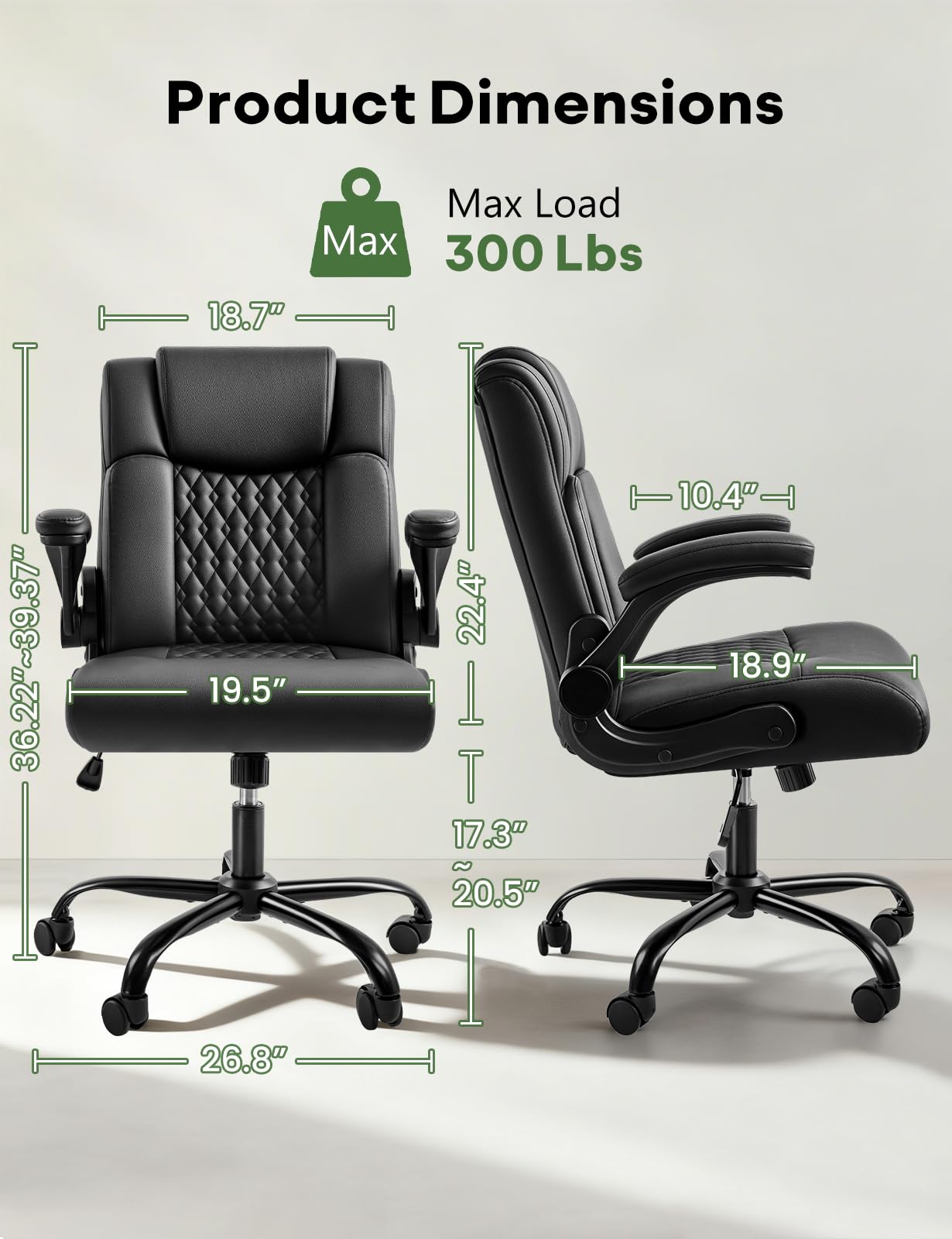 VENDORZ Executive Office Chair, Ergonomic Home Office Desk Chair with Lumbar Support & Flip-up Armrest, PU Leather Computer Seating for Short People, Black