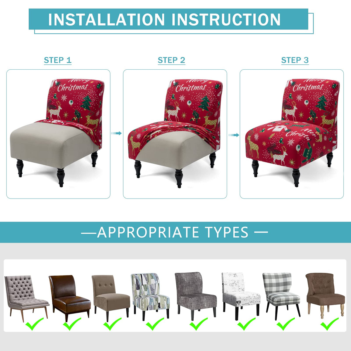 Iauddy Armless Accent Slipper Chair Cover Slipcover,Stretch Spandex Printed Removable Non-Slip Silp Cover for Accent Chair Without Arms Furniture Protector for Living Dining Room(Red,1)