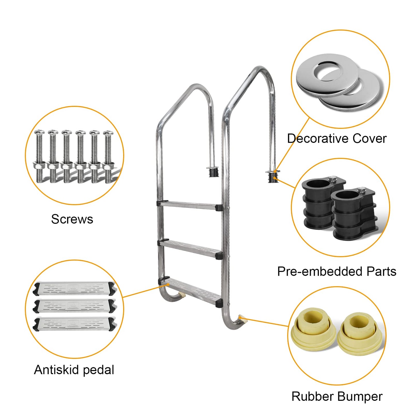 DOEL Swimming Pool Ladder, Non-Slip Steps Ladder, 3-Step In-Ground Stainless Steel Step for Indoor/Outdoor Pool, Easy Assembly and Climbing