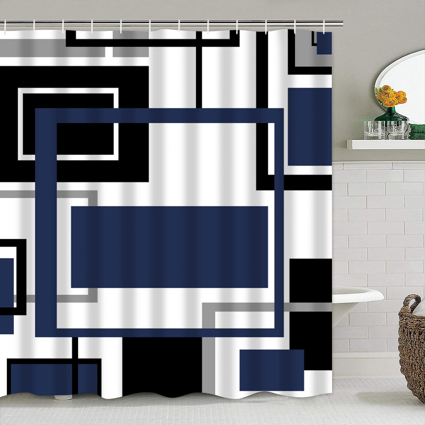Yddsky 4 Pcs Blue Geometric Shower Curtain Set with Rugs Bathroom Set