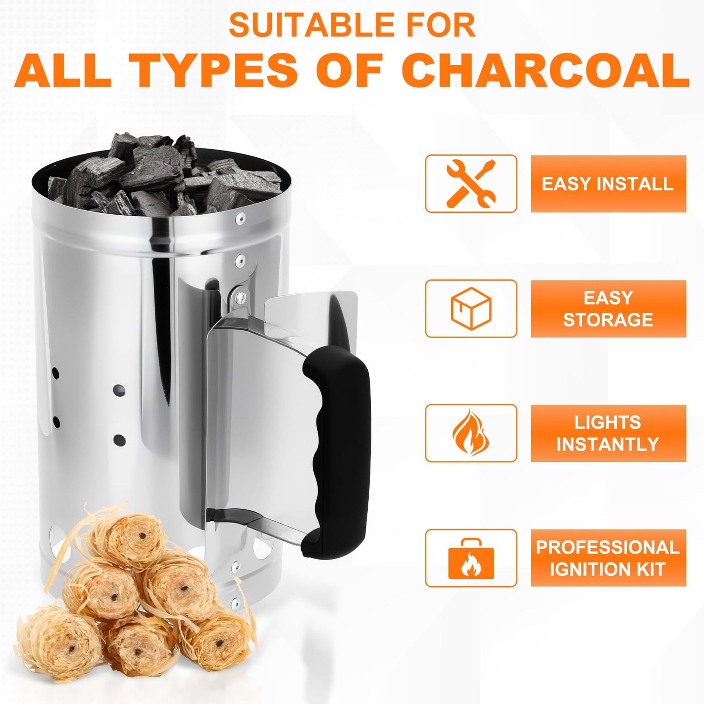 SUNLIFER Charcoal Chimney Starter, BBQ Grill Quick Rapid Fire Starter Chimney for Outdoor Barbecue Cooking Camping, Sturdy and Easy to Use, Stainless Steel（10.62" x 6.3"）