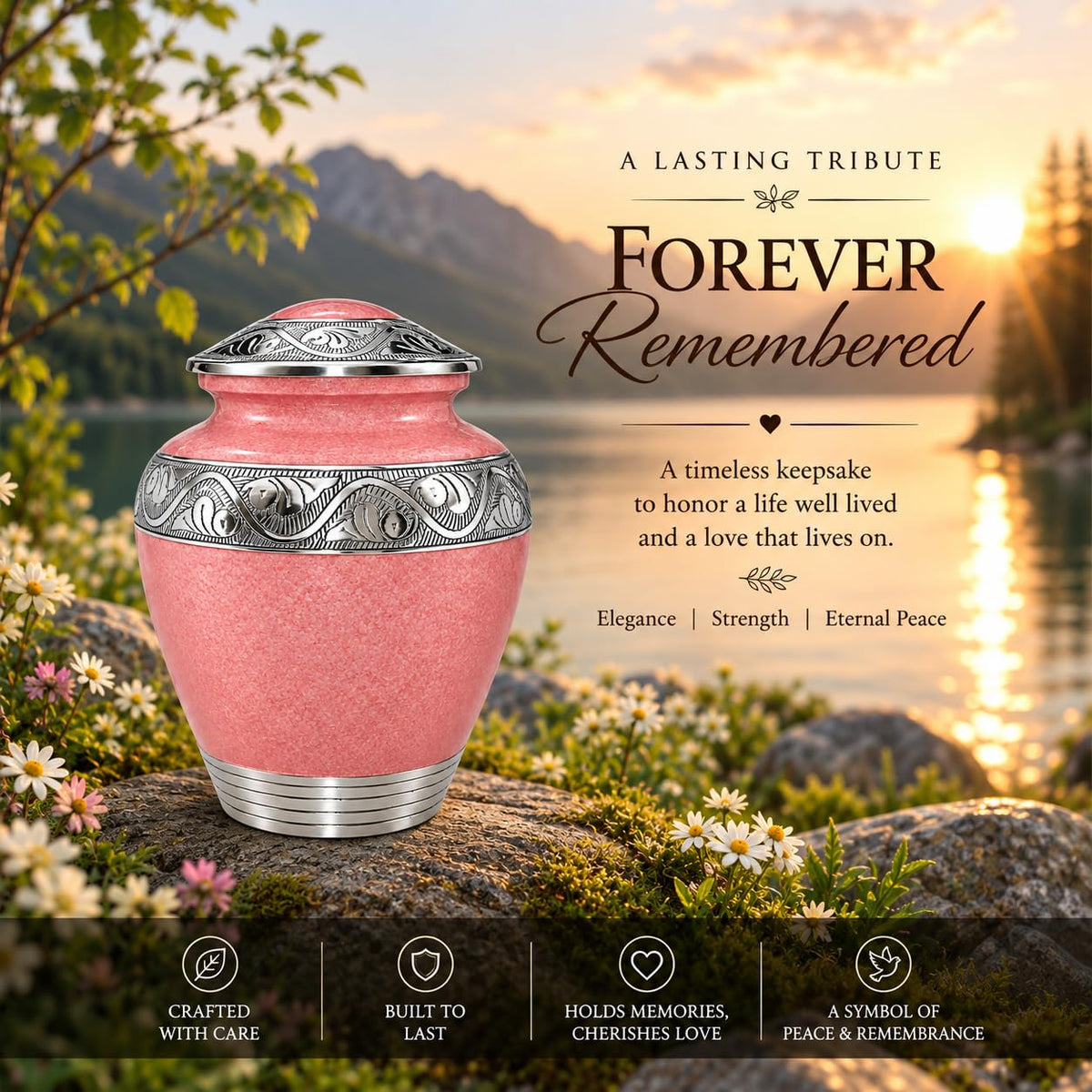 Bold & Divine Cremation Urn for Human Ashes, Adult Memorial Urn for Women & Men, Pink Urn with Silver Engraved Design, Decorative Funeral Urn for Ashes, 9.5 x 7 Inches