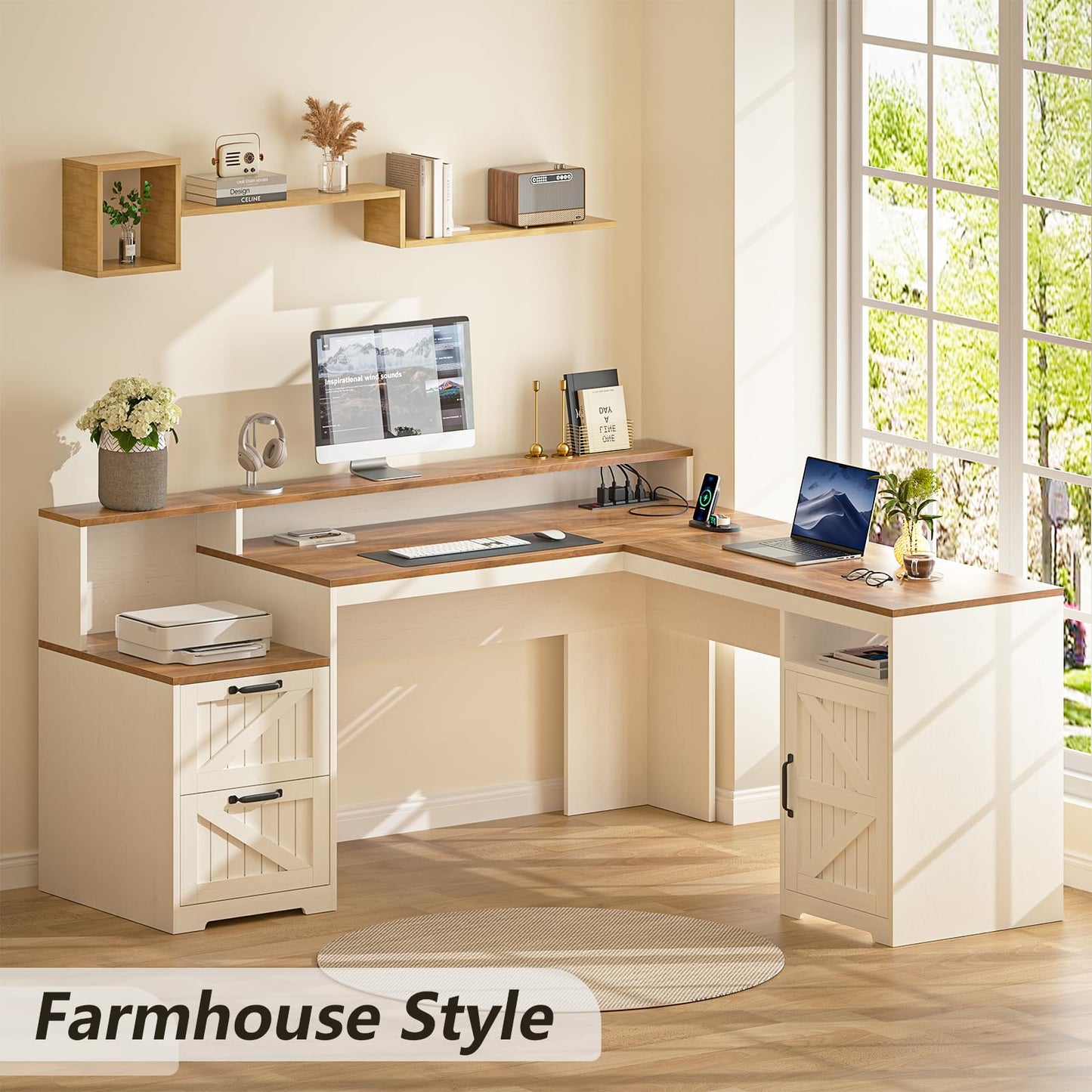 YOMILUVE 63" Farmhouse L Shaped Executive Desk with Drawers & Storage Shelf, Corner Computer Desk with Power Outlets, L Shaped Office Desk with Monitor Stand, Printer Shelf, Antique White