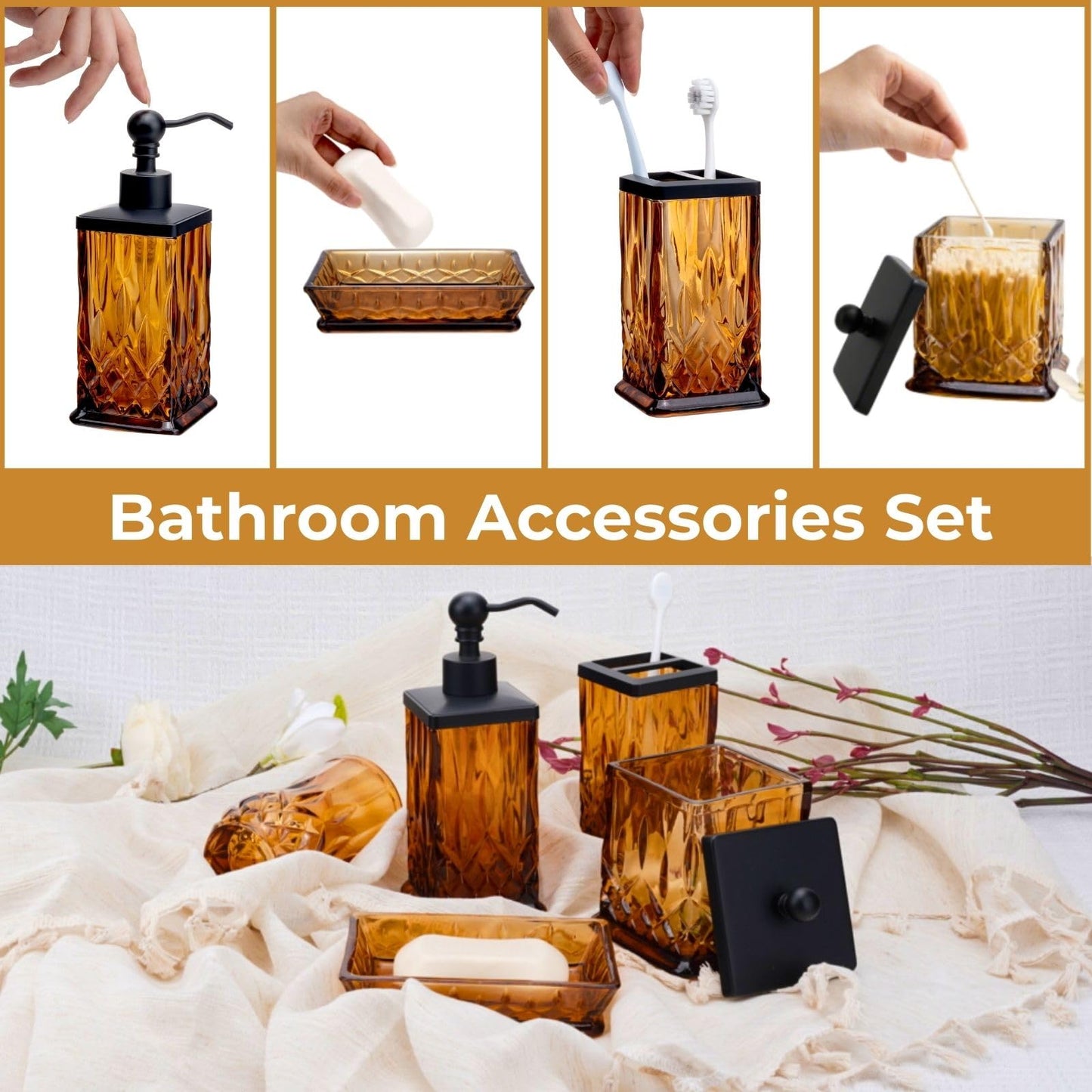 ZIVQEXMURL Amber Bathroom Accessories, Square Thick Glass & Zinc Alloy Pump