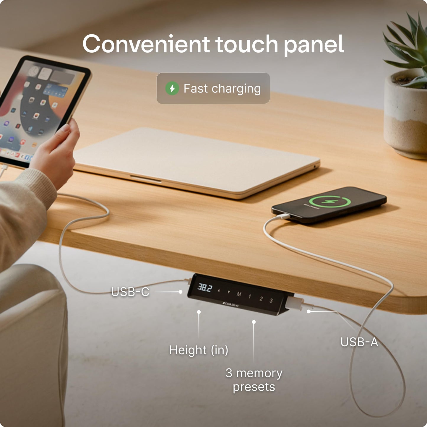 Desktronic HomeOne Standing Desk 54x28 — Ergonomic Sit Stand Home Office Desk, Made in Europe, Electric Dual Motor Height Adjustable, USB & USB-C Charging, Wobble-Free, Touchscreen, 3 Memory Presets