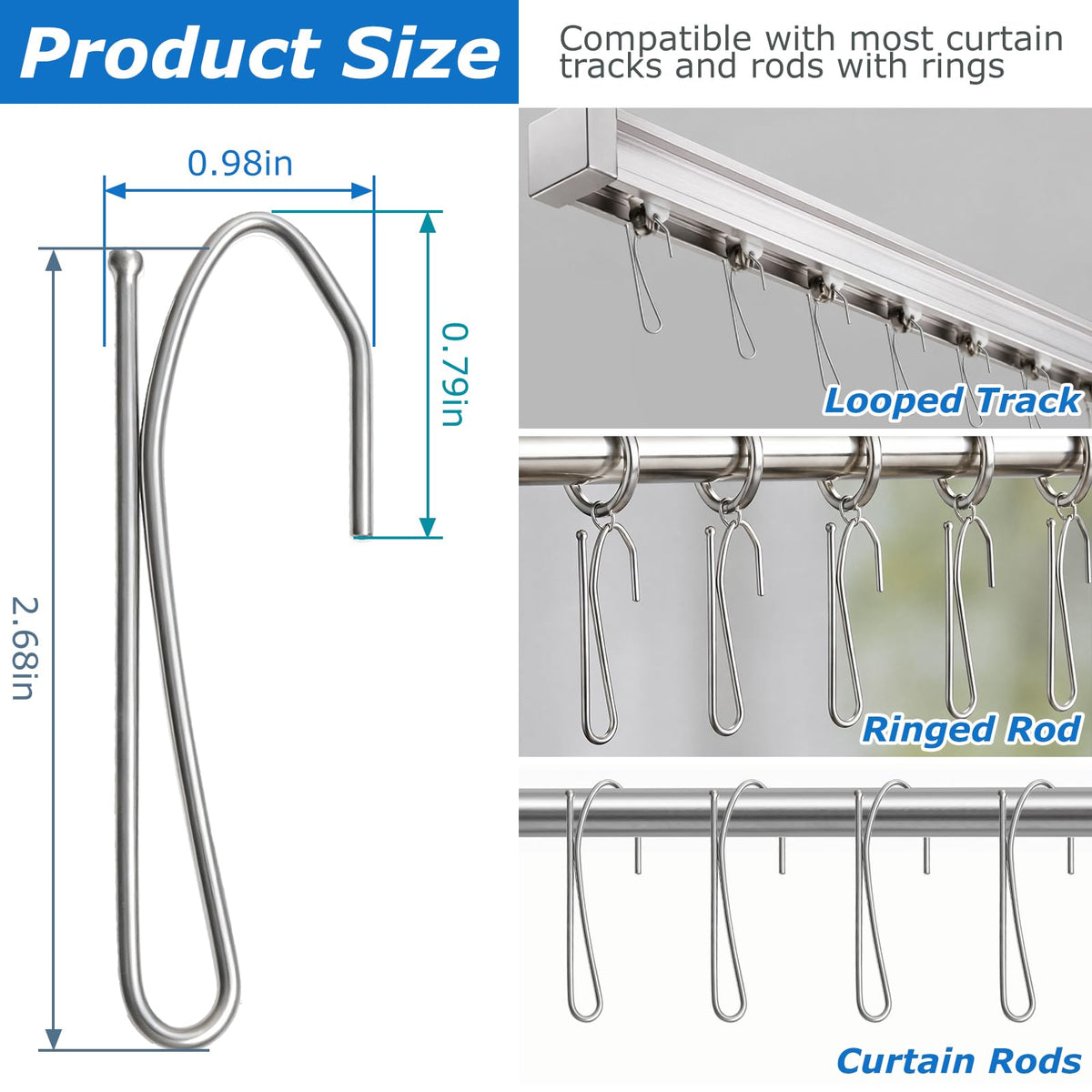 60 Pcs Metal Curtain Hooks for Drapes, Heavy Duty 2.68in Drapery Hooks Pinch Pleat for Window, Door, Shower, Living Room, RV