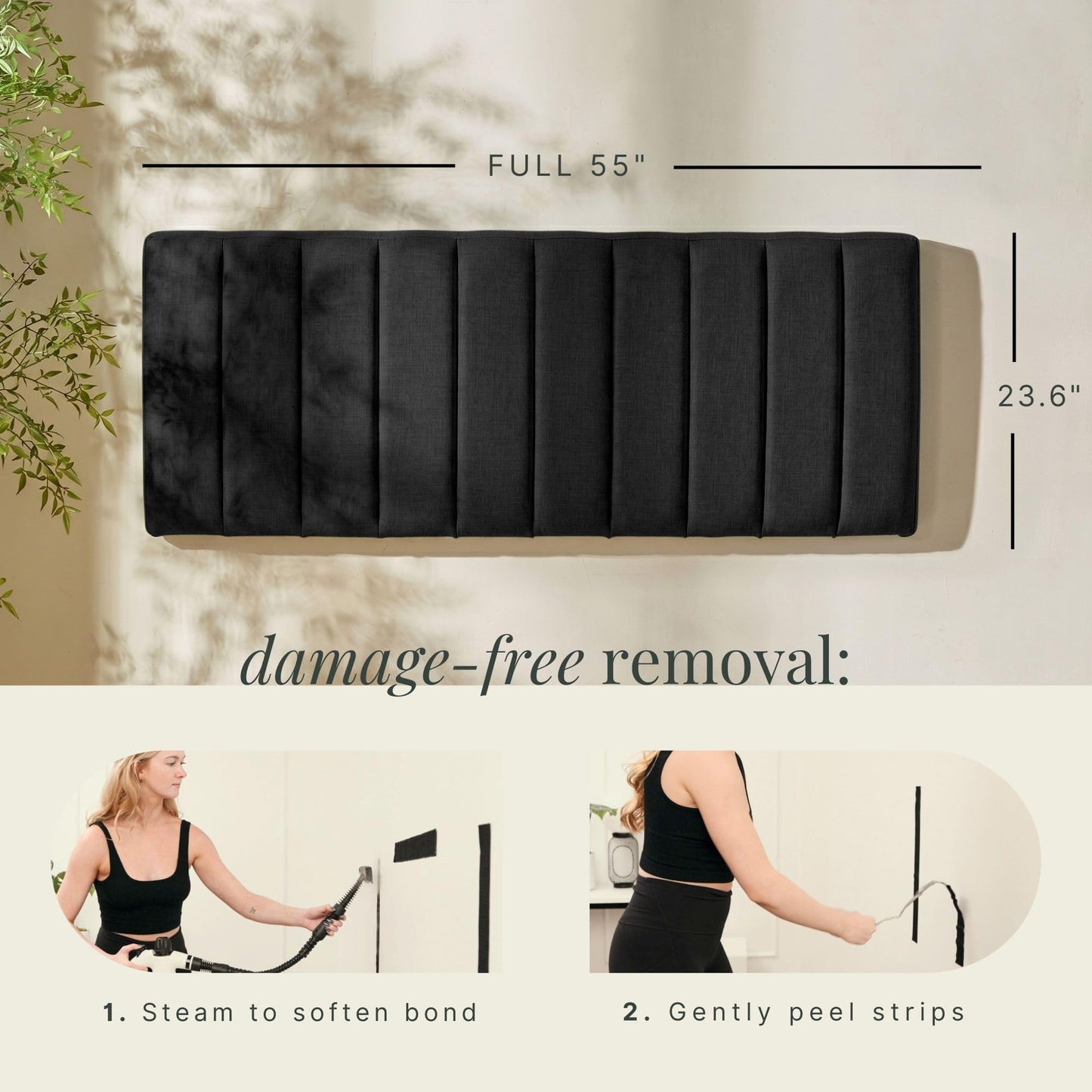 Hearth & Harbor Upholstered Full Headboard - Easy Assemble Channel Stitched Headboard Full Size - Wall Mounted Headboards with 3D Soundproof Wall Panels Peel & Stick Floating Headboards, Black