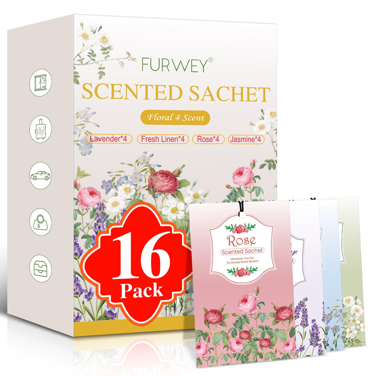 FURWEY 16 Packs Linen, Jasmine, Rose and Lavender Scented Sachets