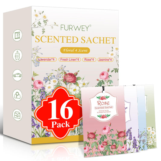 FURWEY 16 Packs Linen, Jasmine, Rose and Lavender Scented Sachets