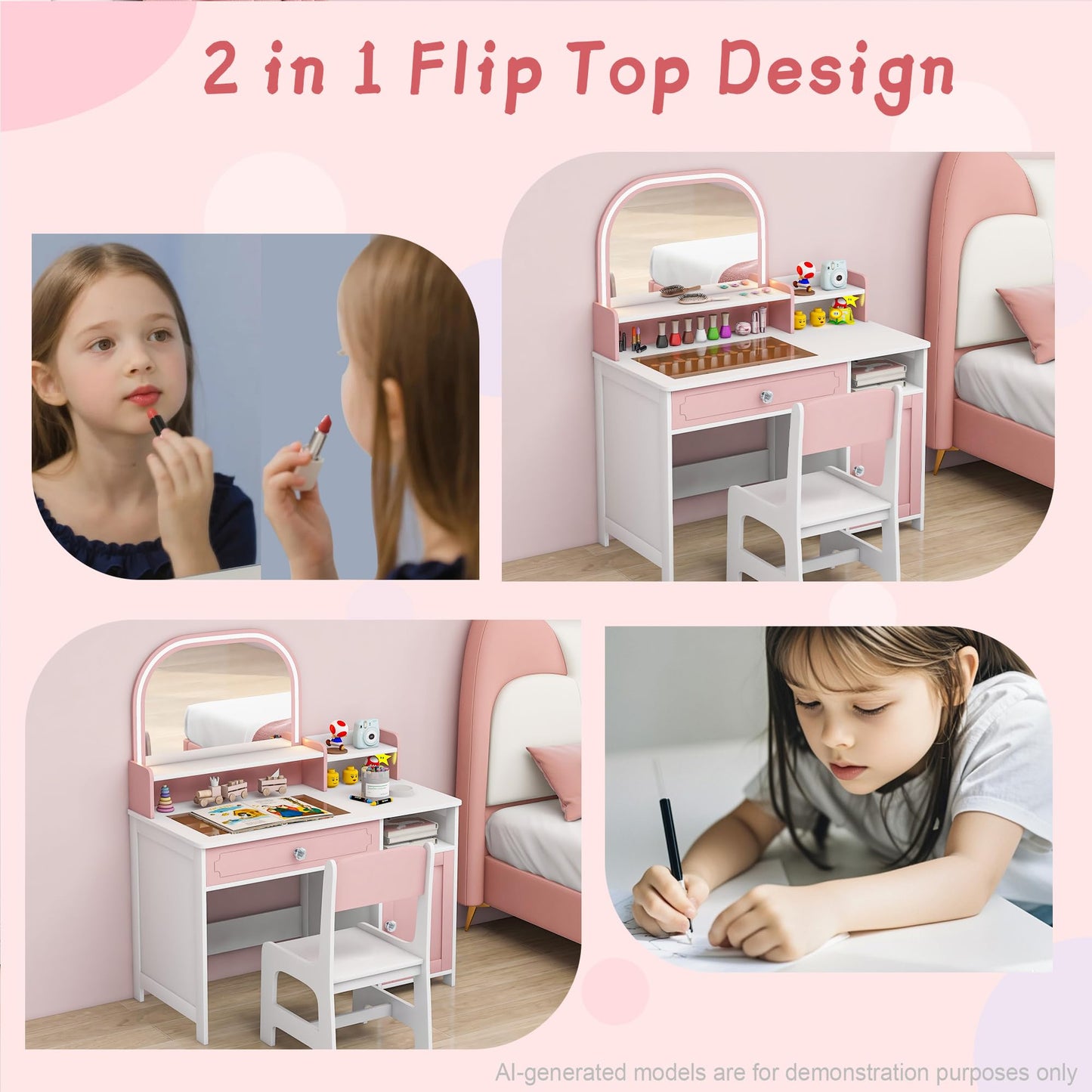 Vavkorkula Kids Vanity Set, Toddler Dresser Small Vanity Desk with Mirror and Lights for 3-8 Years Old, Wooden Dressing Table Kids Makeup Vanity Organizer Sets for Girls, Pink