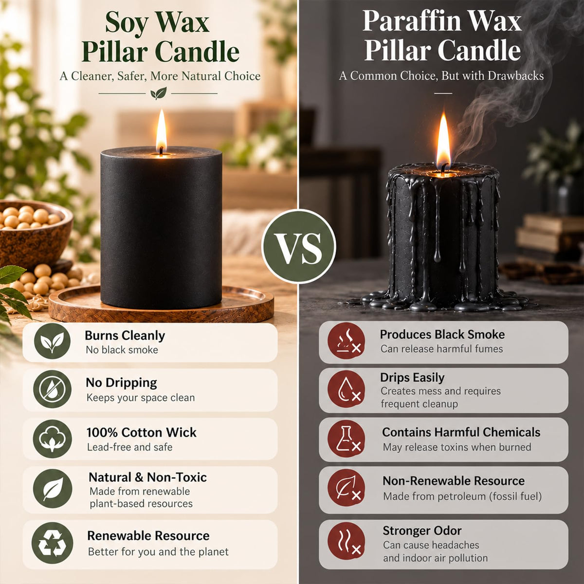 Black Soy Pillar Candles for Halloween, 3x4 Inch Unscented Candles, 3 Pack