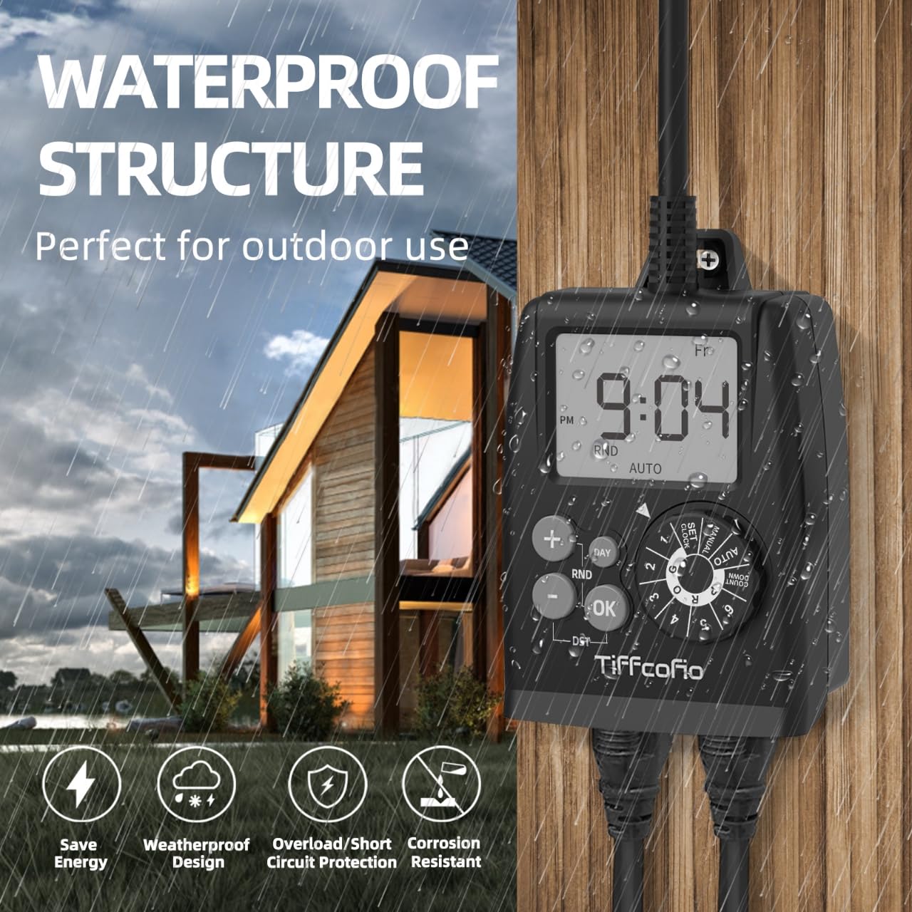 TiFFCOFiO Digital Outdoor Timer Outlet, Dial Programmable Method, Outdoor Light Timer Waterproof, 2 Grounded Electrical Outlets for Pool Pump, 6 Sets of Programs, 15A/1875W (1 Pack)