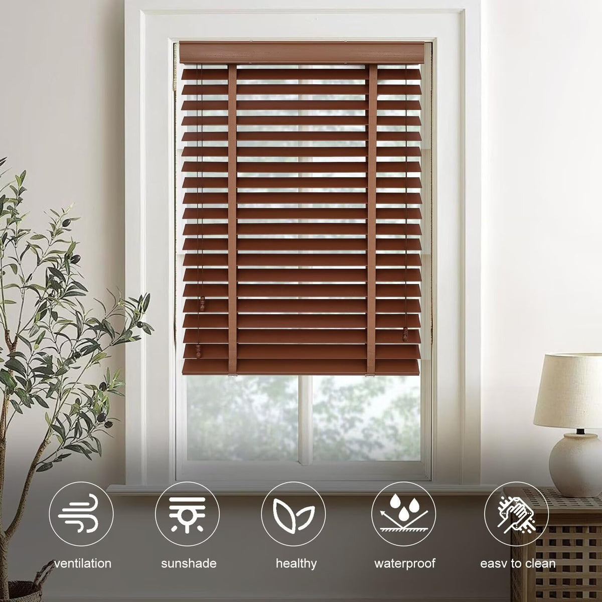 2" Slats Wood Blinds for Indoor Windows, Dark Walnut 36" WX48 H