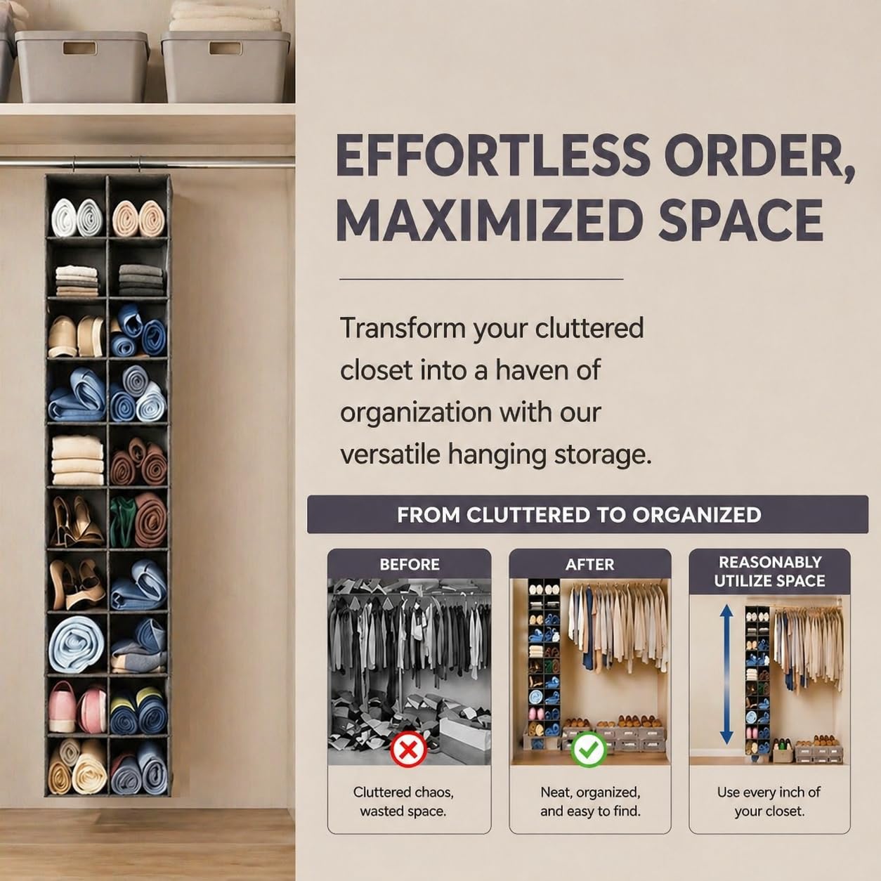 Pcaelin Hanging Shoe Organizer for Closet - 20 Extended Sections Closet Shoe Storage Rack with 8 Side Mesh Pockets, Foldable Shelves Holder for Shoes Clothes Shirts Jeans Hats
