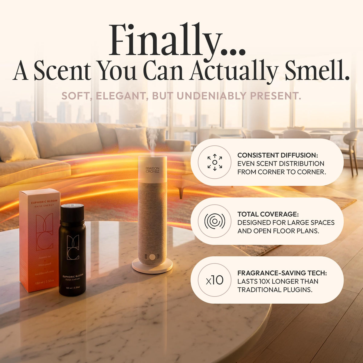 Maison Croyez Waterless Essential Oil Diffuser (120ml Bottle) – Nebulizing Aroma Diffuser, 3 Intensity Levels, 1/3/6H Timer + Auto Mode, Warm Ambient Light, Up to 600 sqft