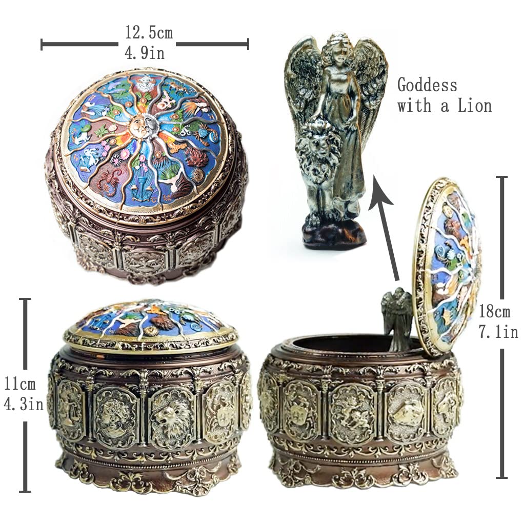 Briskfeel Vintage Music Box with Constellations Rotating Goddess LED Lights Twinkling Resin Carved Mechanism Musical Box with Sankyo 18-Note Wind Up Signs of The Zodiac Gift for Birthday (Upgraded)