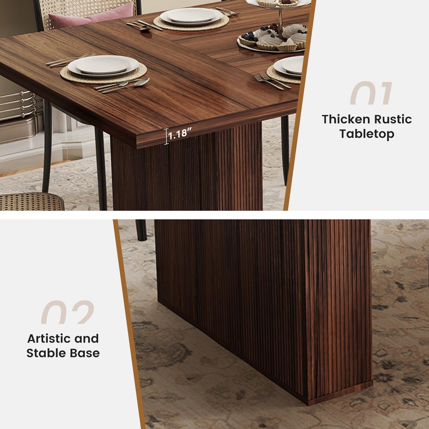 Miereirl 78 Inch Rectangular Dining Table for 6-8 People, Large Modern Farmhouse Kitchen Table with Grooved Wood-Strip Base, Perfect for Dining Room or Family Gathering, Walnut