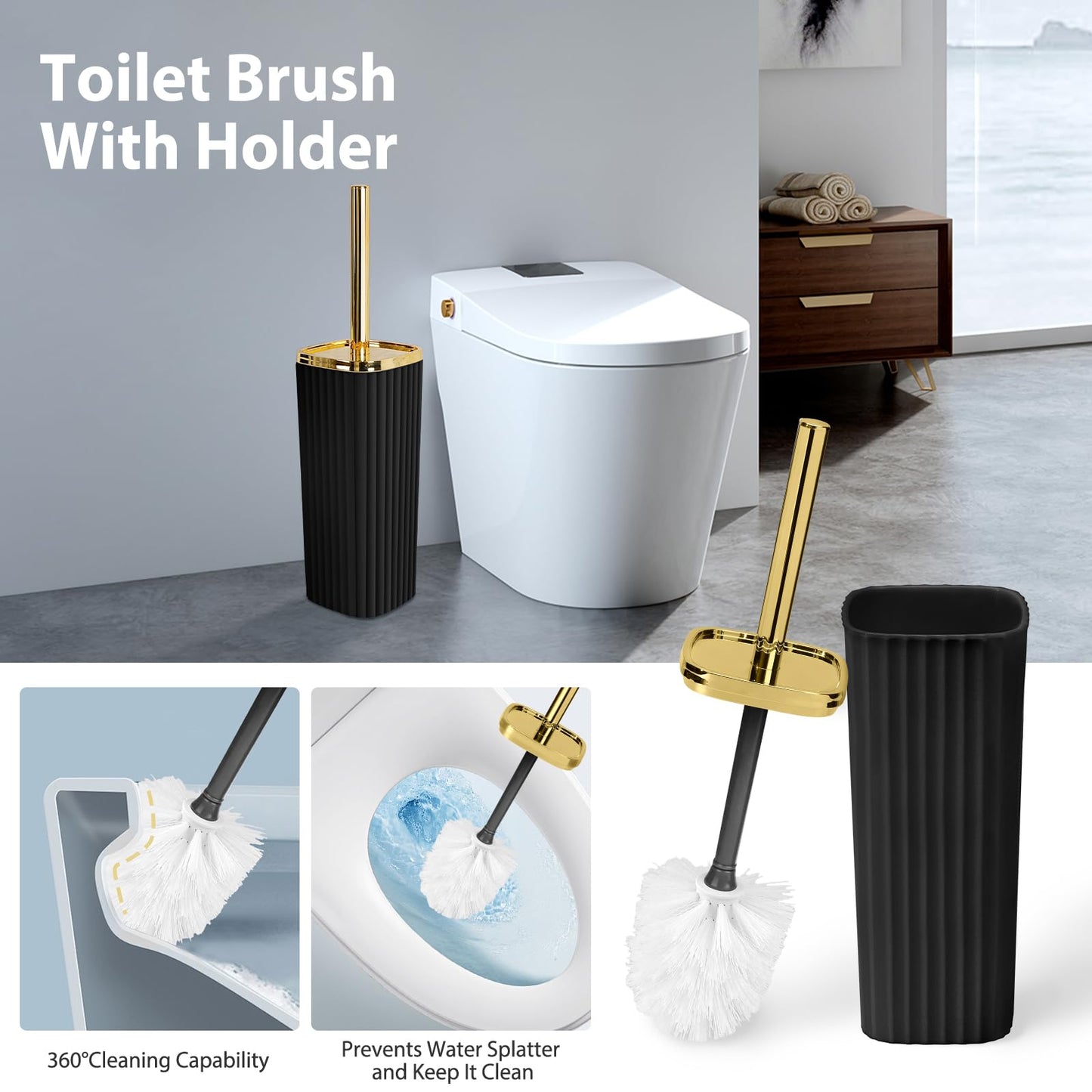 Bathroom Accessory Set, Shower Curtain Set, Toilet Brush, Trash Can & Soap Dispenser (Black Gold, Plastic)