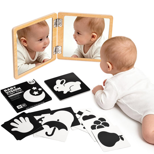 Brezlio Tummy Time Mirror for Baby 0-6 Months, 2-Sided Adjustable Montessori Baby Mirror with 20 Double-Sided High Contrast Cards, Foldable Baby Floor Mirror