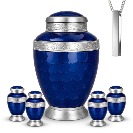 Silver & Blue Cremation Urns for Human Ashes Adult Burial Urn Set of 6