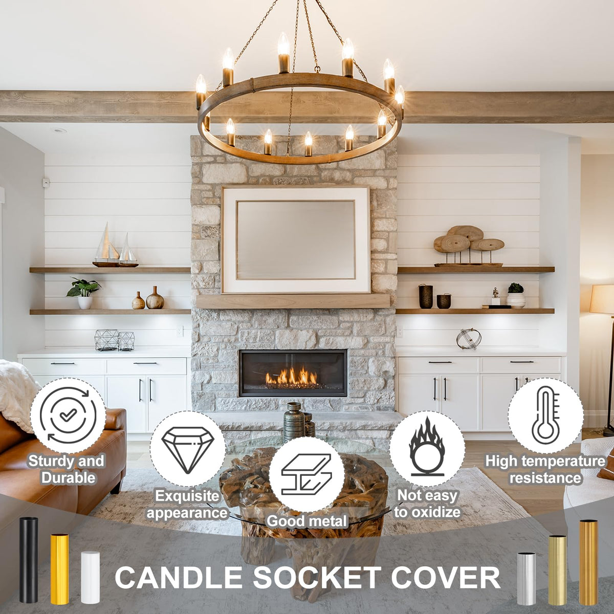 PATIKIL 3.5" Tall Candle Covers Sleeves, 6Pcs Metal E12 Chandelier Socket Sleeves with Insulation Heat Shrinkable Flame Retardant Tube Bulb Light Base Holder for Lamps, Golden