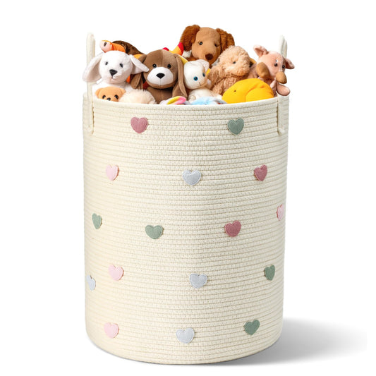 LemonRoad Macaron Heart Laundry Hamper Large Cotton Rope Storage Basket Woven Storage Bucket with Handles for Bathroom Bedroom Nursery Toy Clothes Organizer, 60 L