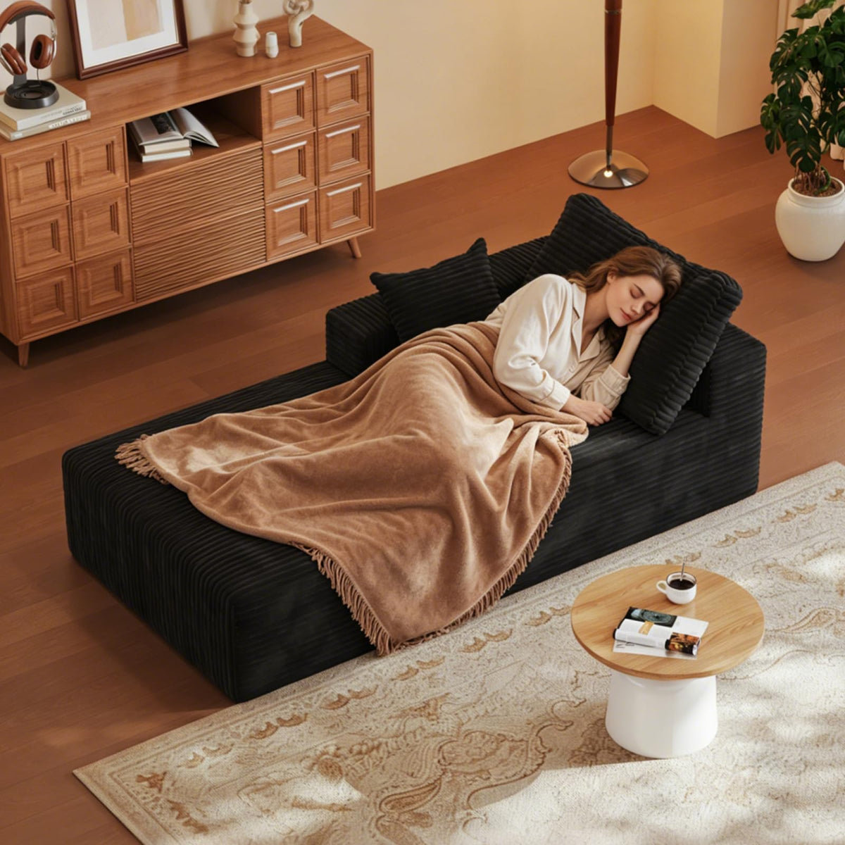 35" Sofa Bed, Boneless Cloud Couch, Rectangular Couch for Living Room, One-Piece Chaise Lounge with Pillows, Flannel Comfy Floor Sofa (Black, Vertical Left Armrest Facing Chaise)