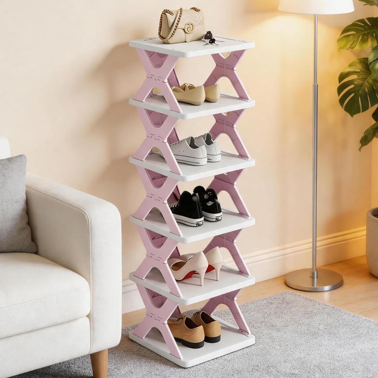 HUYFGDYSA 6 Tier Kids Shoe Rack, Collapsible Shoe Rack for Kids' Rooms, Foldable Vertical Shoe Organizer for Front Door Entrance, Compact Shoe Storage Shelf for Narrow Spaces