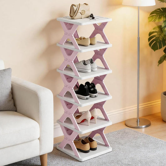 HUYFGDYSA 6 Tier Kids Shoe Rack, Collapsible Shoe Rack for Kids' Rooms, Foldable Vertical Shoe Organizer for Front Door Entrance, Compact Shoe Storage Shelf for Narrow Spaces