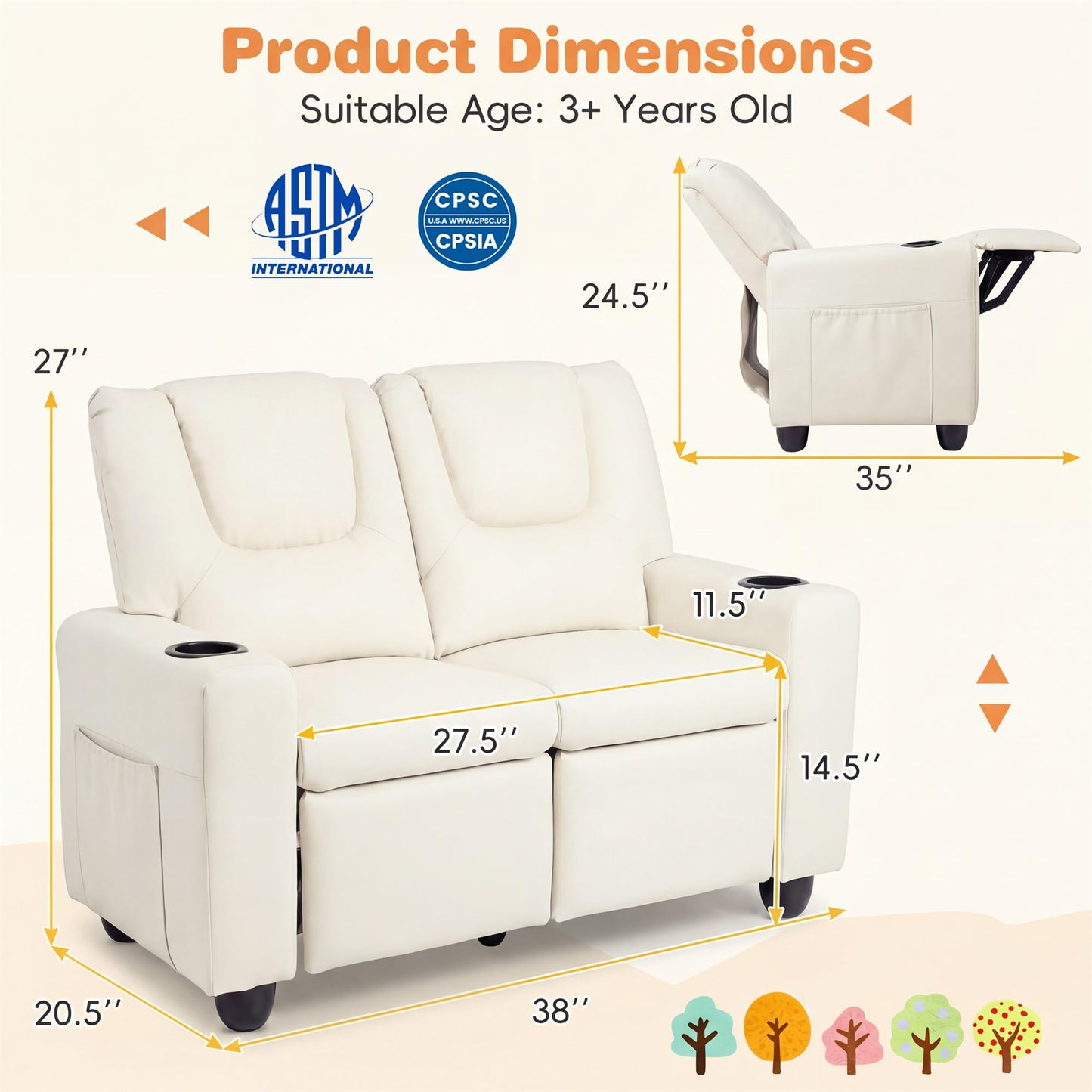 HONEY JOY 2-Seater Kids Recliner, Double Toddler Loveseat Sofa w/2 Cup Holders, 2 Side Pockets, Adjustable Backrest & Footrest, PU Leather Children Couch for Boys Girls Age 3+ (Beige)