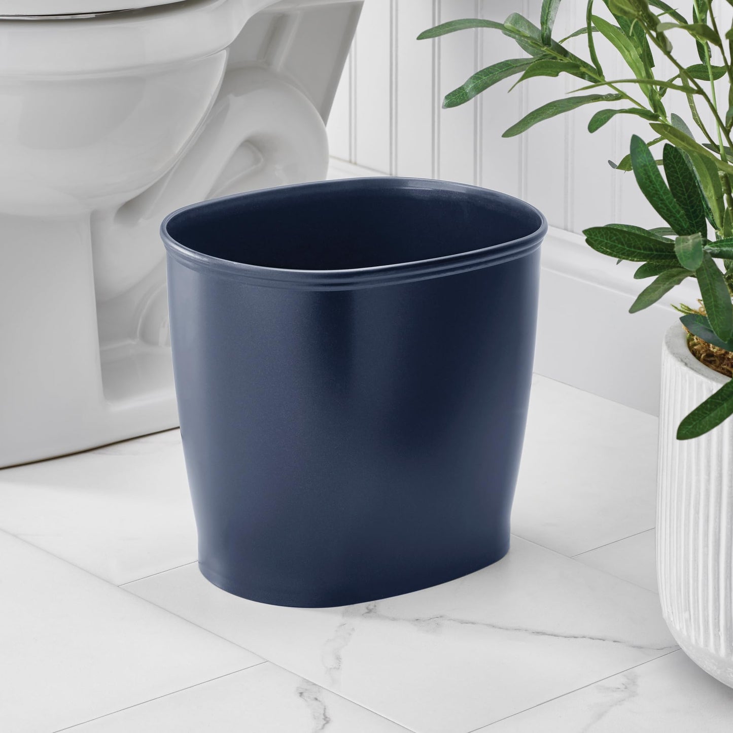 iDesign Slim Plastic Bathroom Trash Can, Navy Blue