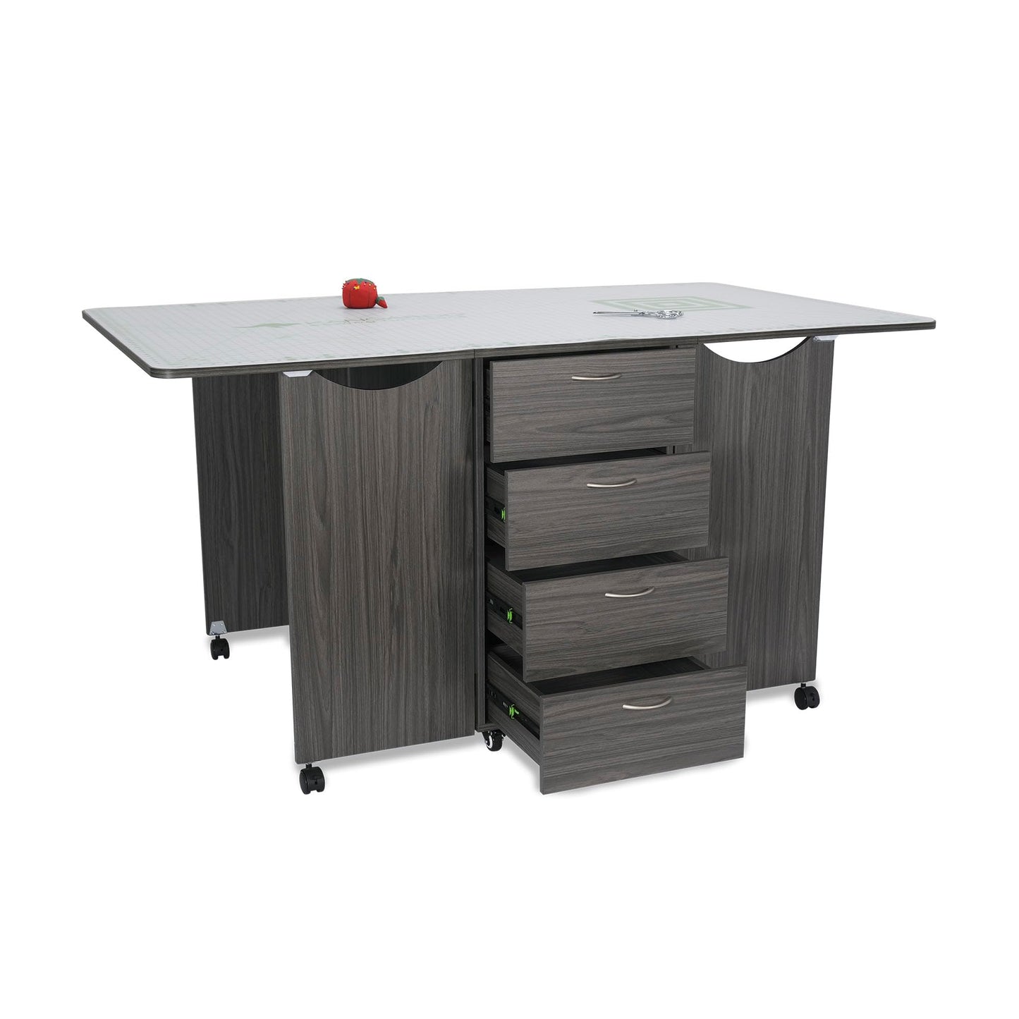 Kangaroo Kookaburra Cutting Table – Large Sewing, Quilting & Craft Workstation with Expandable 70” x 40” Surface, Storage Drawers, Shelves & Rolling Locking Casters, Gray Finish
