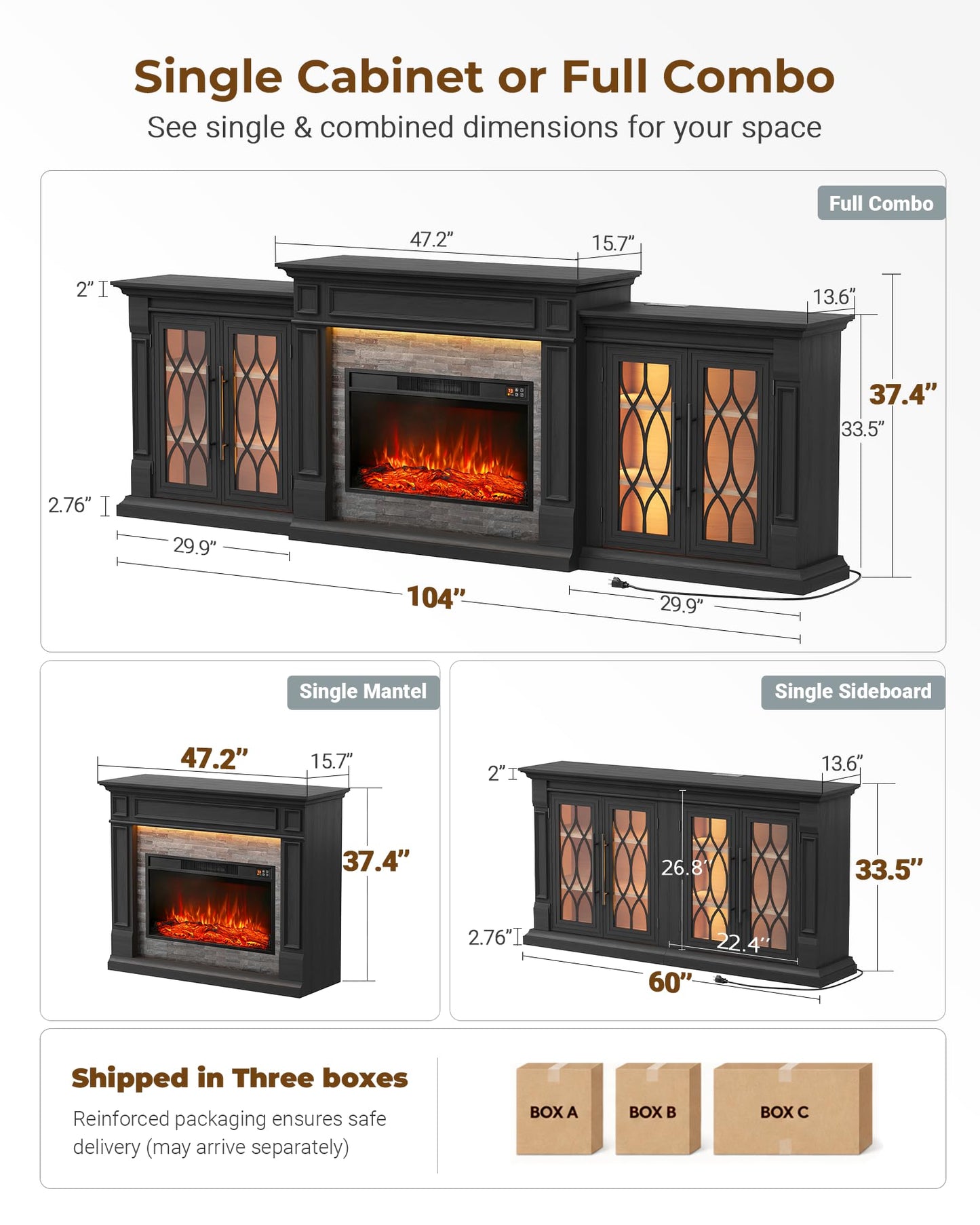 LGHM 104" LED Fireplace TV Stand with Outlet for TVs Up to 100 Inch, Electric Fireplace with Mantel, Entertainment Center with Storage, 30'' Fireplace Heater Insert with for Living Room, Black