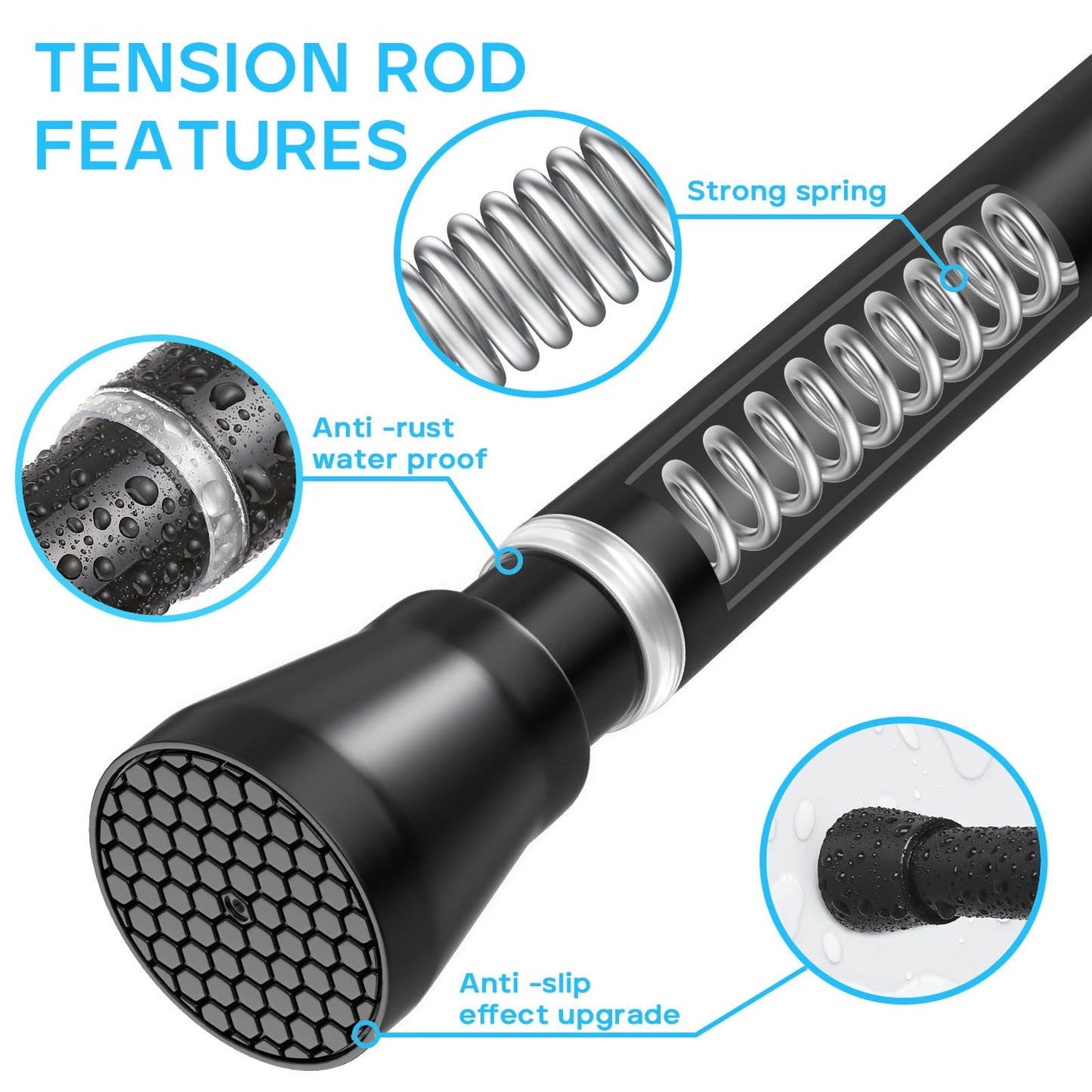 Black Shower Curtain Rod 40-73 inch Black Shower Rod Tension Curtain Rod No Drilling Shower Curtain Rods Spring Tension Shower Rods for Bathroom