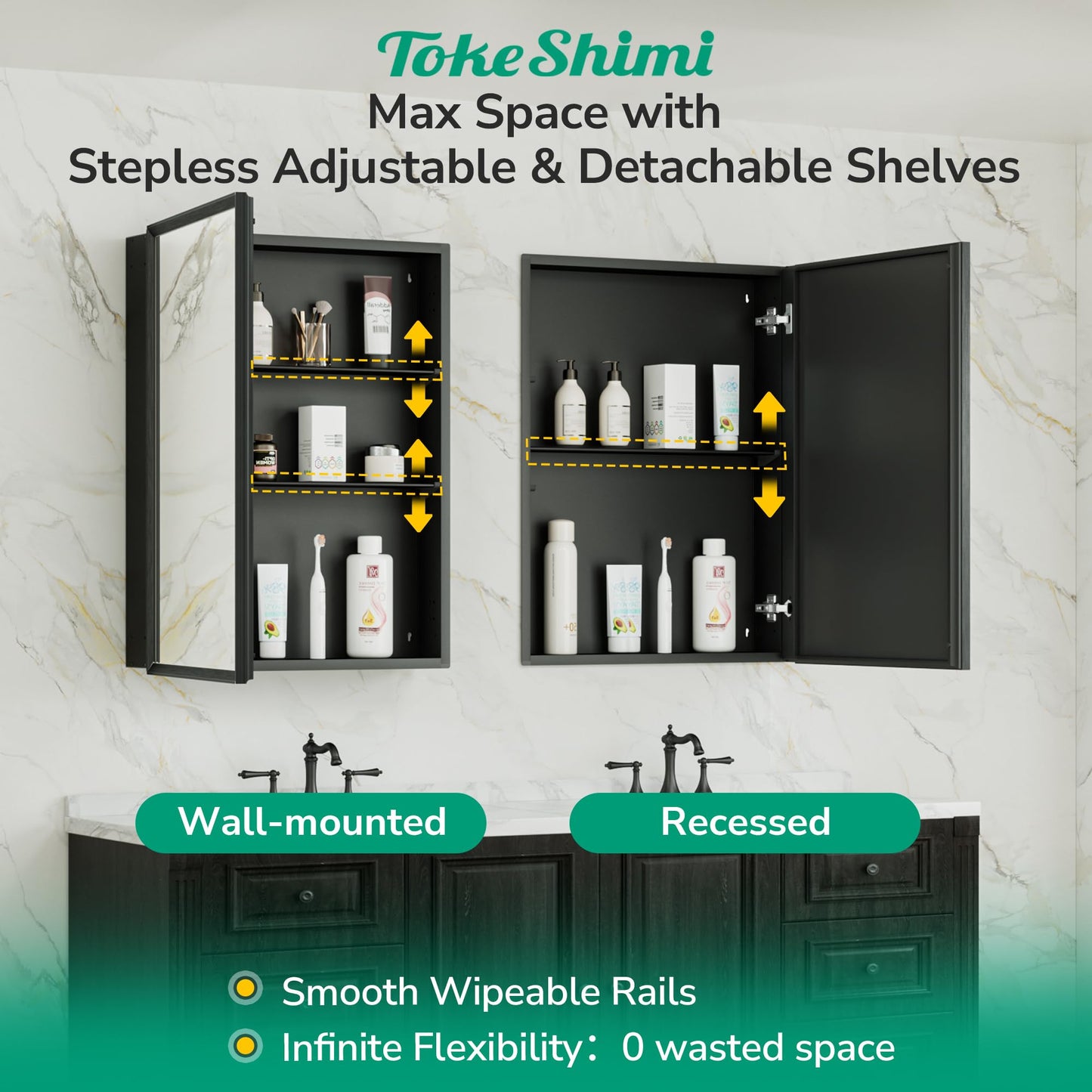 TokeShimi 14 x 18 Recessed Medicine Cabinet, Assembly Required, Black Bathroom Medicine Cabinet with Mirror, Stepless Adjustable Shelves, Tempered Glass, Beveled Aluminum Frame