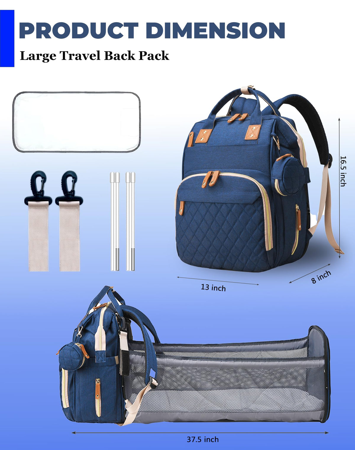 Lamroro Diaper Bag with Changing Station, Waterproof 3 in 1 Diaper Backpack with Foldable Changing Pad, USB Charging Port, Large Travel Backpack for Mom & Dad, Baby essentials-Blue