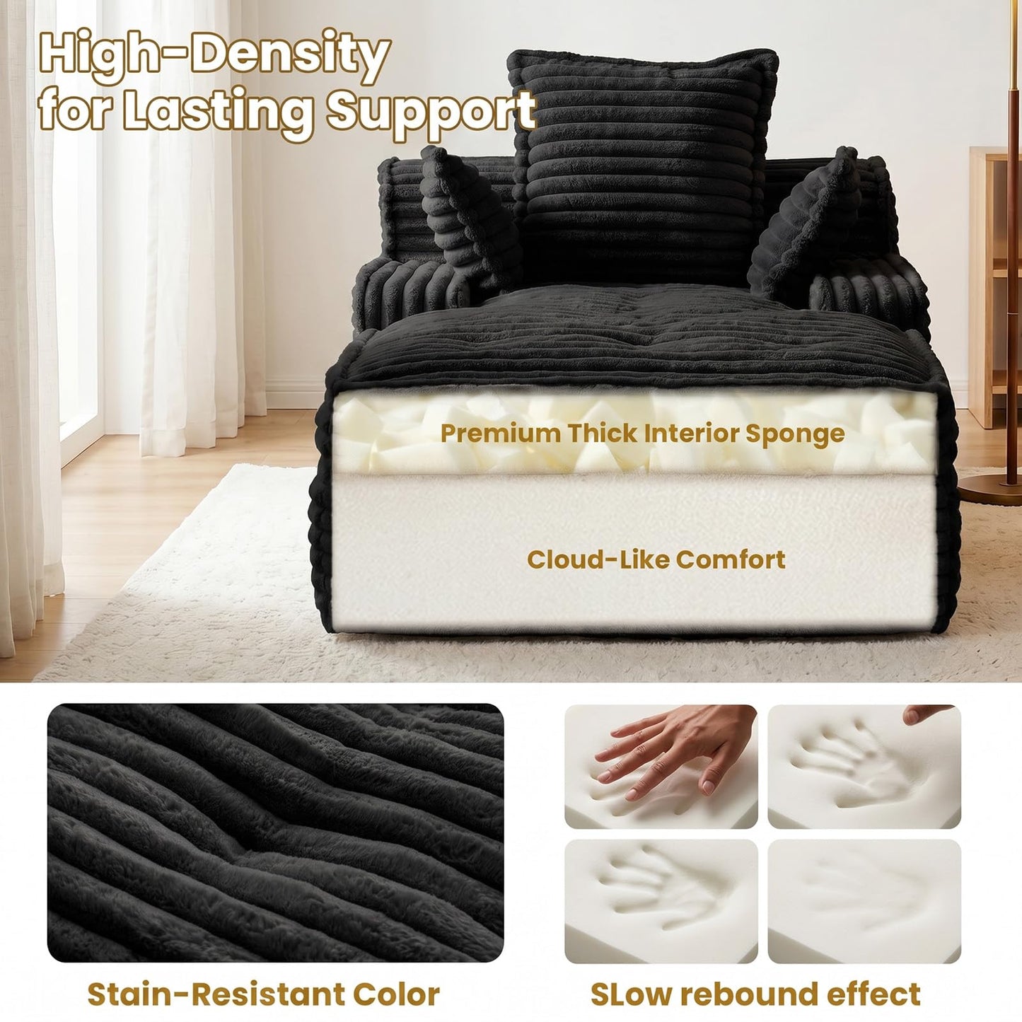 Ziydily 57 Inch Boneless Couch Lounge Chaise, Corduroy Upholstered Boneless Sofa Bed, Deep Seat Sleeper Couch Reading Chairs, Cozy Cloud Sofa Couches for Small Spaces, No Assembly Required, Black