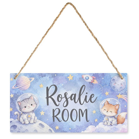 Personalized Girl's Room Sign, Custom Name Wooden Door Plaque, Cute Astronaut Cat & Fox Space Theme, Kids Bedroom Watercolour Hanging Sign