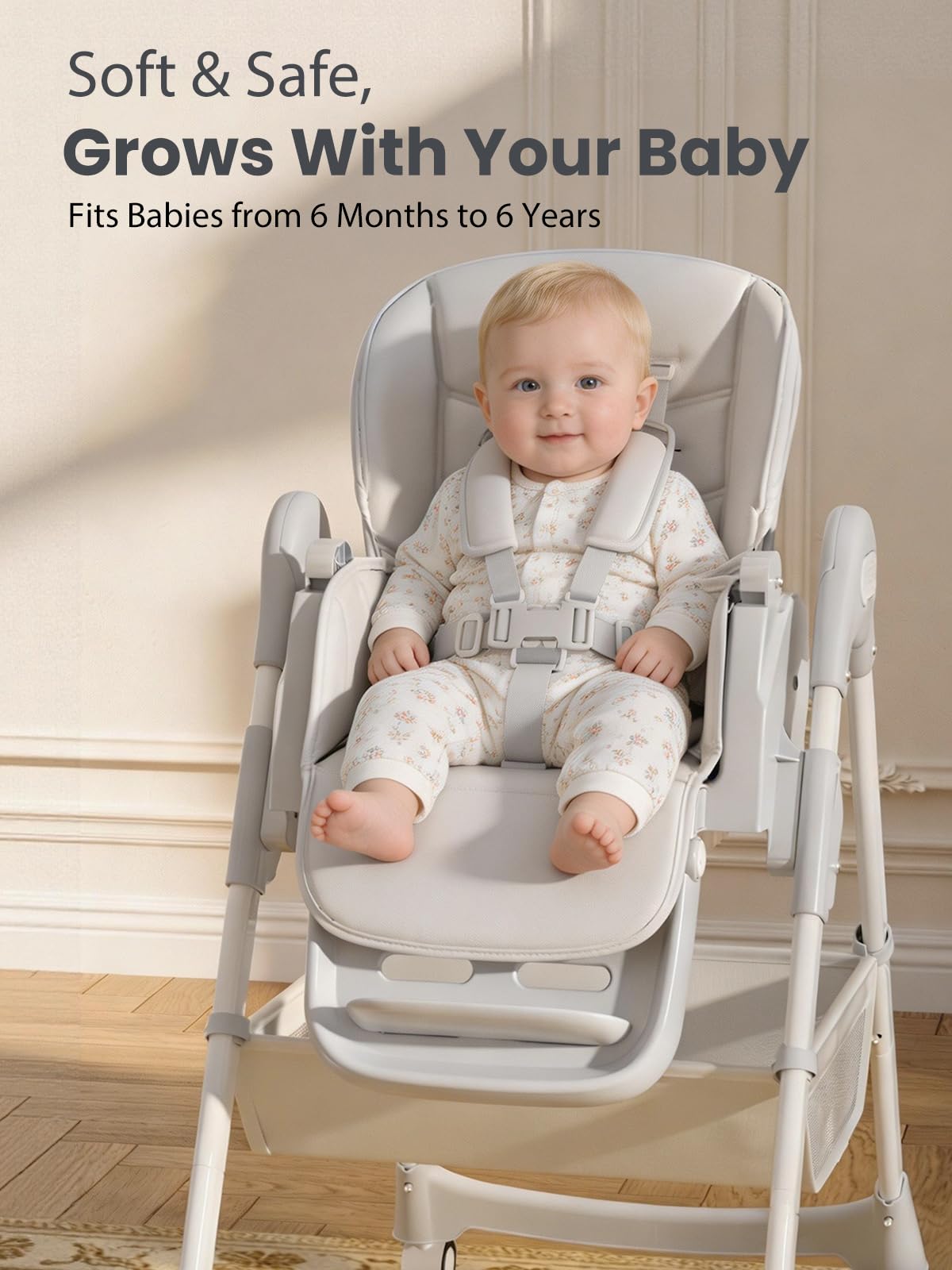 Meetaglow Baby High Chair, Foldable Convertible High Chair for Babies & Toddlers, Adjustable Height & Recline with Removable Double Tray, PU Cushion, Storage Basket, Easy to Clean, Gray