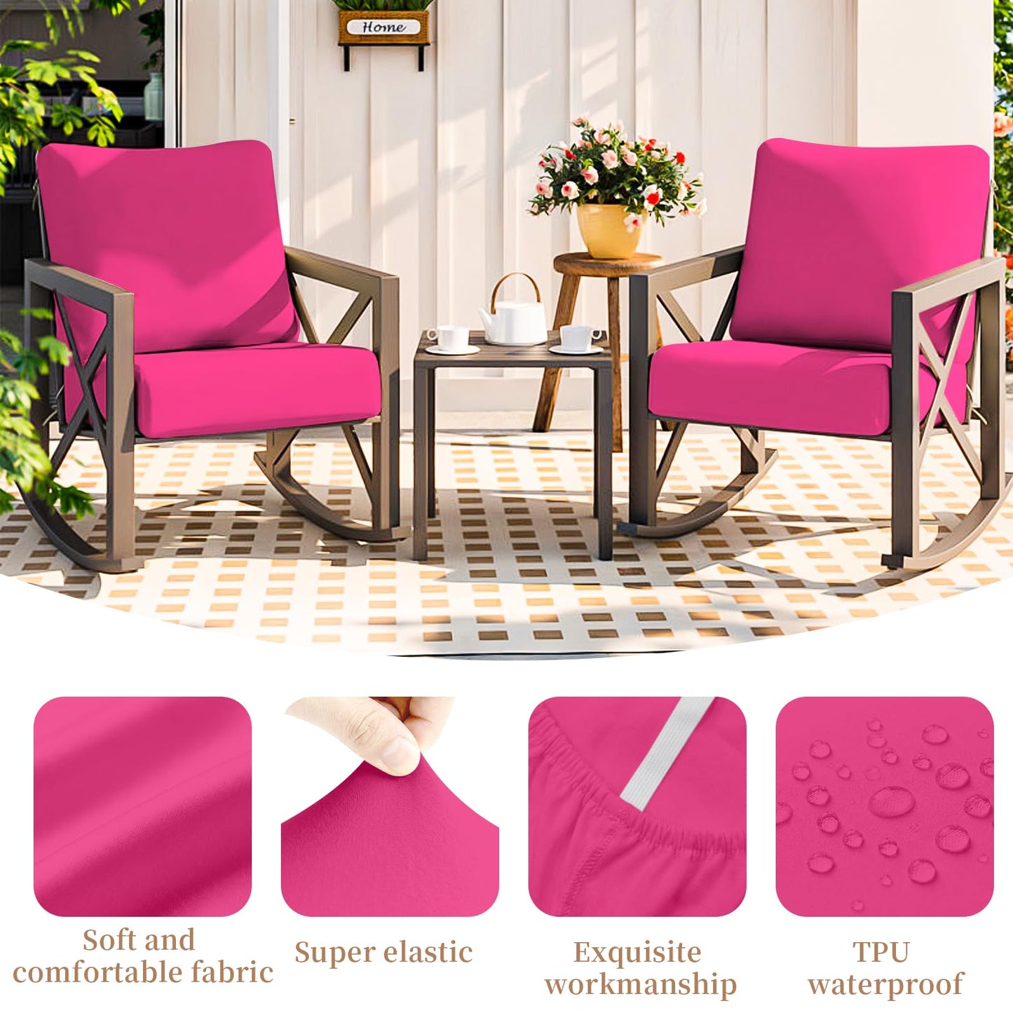 Yuabaoo 8Pcs Patio Cushion Covers Stretch, Outdoor Couch Replacement Slipcovers Wateproof Washable Reusable Furniture Protector, Hot Pink