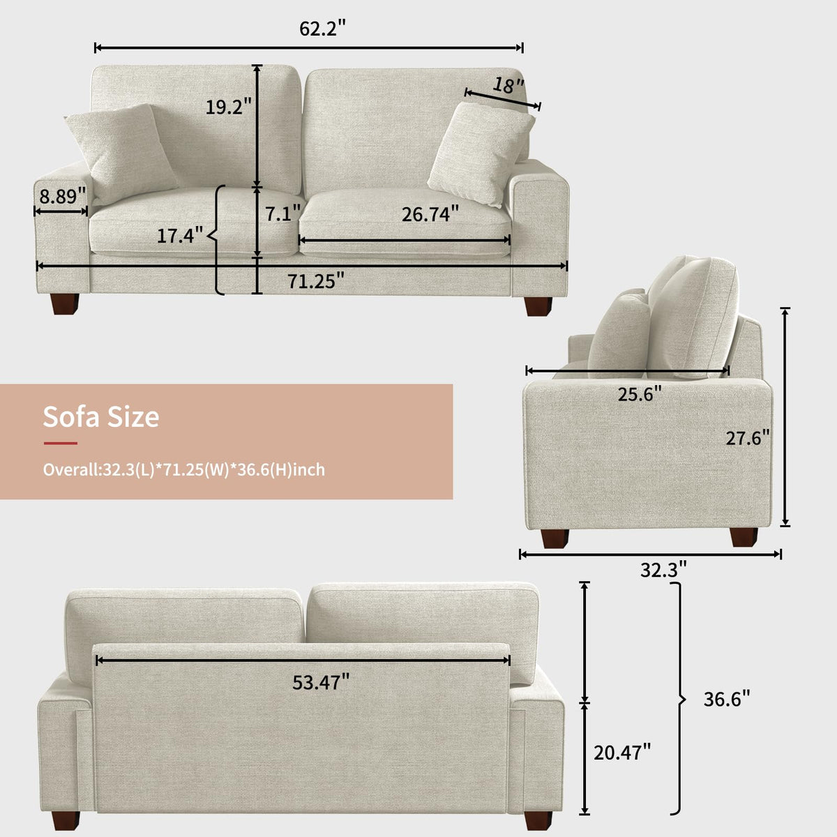 DOPEDIO 71.25" Chenille Loveseat Sofa, Beige, Modern Couch for Living Room