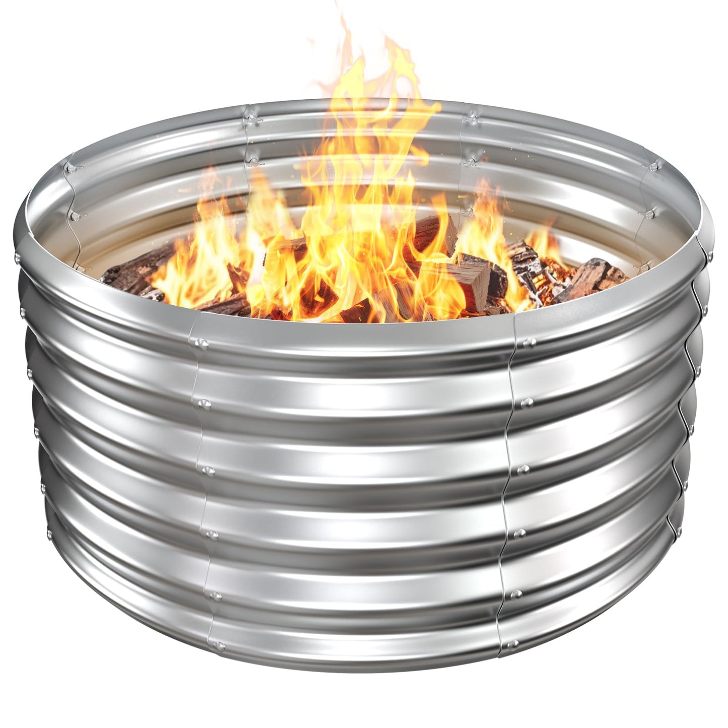 VAMFUTRE Metal Fire Pit Ring/Bonfire Fire Ring- 32 Inches Diameter, 0.8 MM Thick,1.5 ft High, Durable and Stylish for Outdoor Fire Pits,Patios and Camping (Silver, 2.7X2.7X1.5 ft)