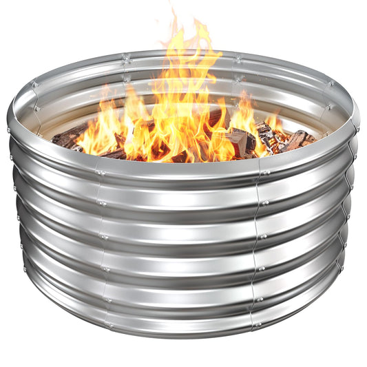 VAMFUTRE Metal Fire Pit Ring/Bonfire Fire Ring- 32 Inches Diameter, 0.8 MM Thick,1.5 ft High, Durable and Stylish for Outdoor Fire Pits,Patios and Camping (Silver, 2.7X2.7X1.5 ft)