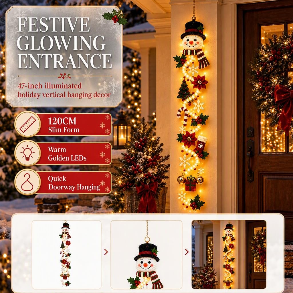 Illuminated Snowman Christmas Door Hanger, Warm Led Lighted 3D Dimensional Holiday Hanging Decor, for Front Door, Porch Column, Wall, Window & Covered Outdoor Entryway，A