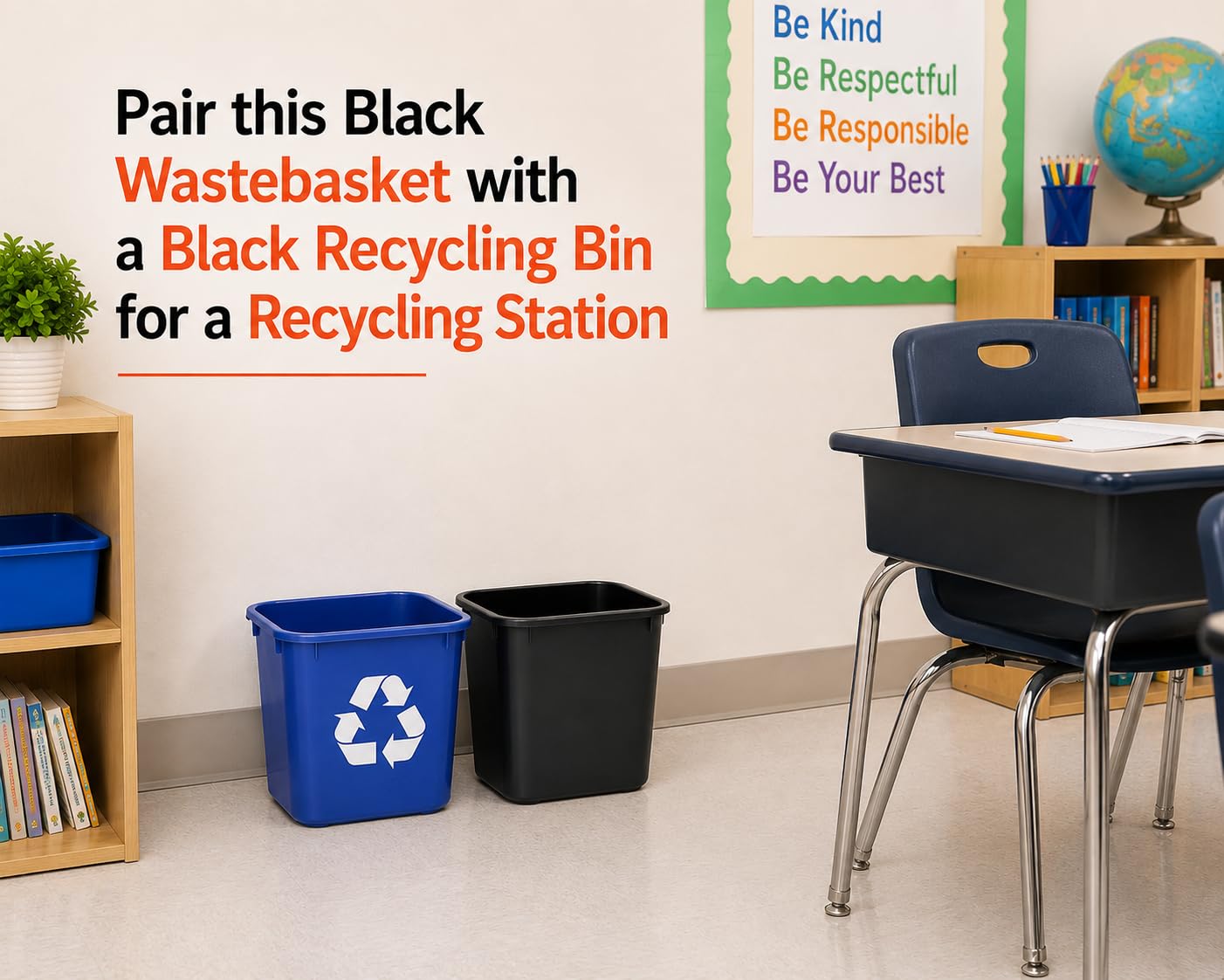 3.5 Gallon Black Wastebasket Under Desk Plastic Trash Can | 5 PACK